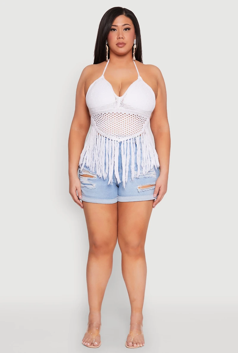 Womens Plus Size Tie Back Crochet Fringe Halter Top, White, Size 3X