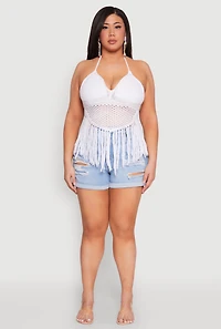 Womens Plus Size Tie Back Crochet Fringe Halter Top, White, Size 3X