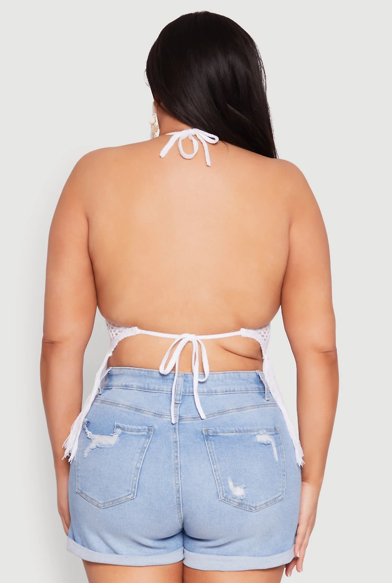 Plus Tie Back Crochet Fringe Halter Top