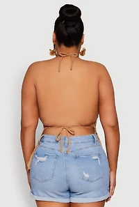 Womens Plus Size Tie Back Crochet Fringe Halter Top, Brown, Size 2X