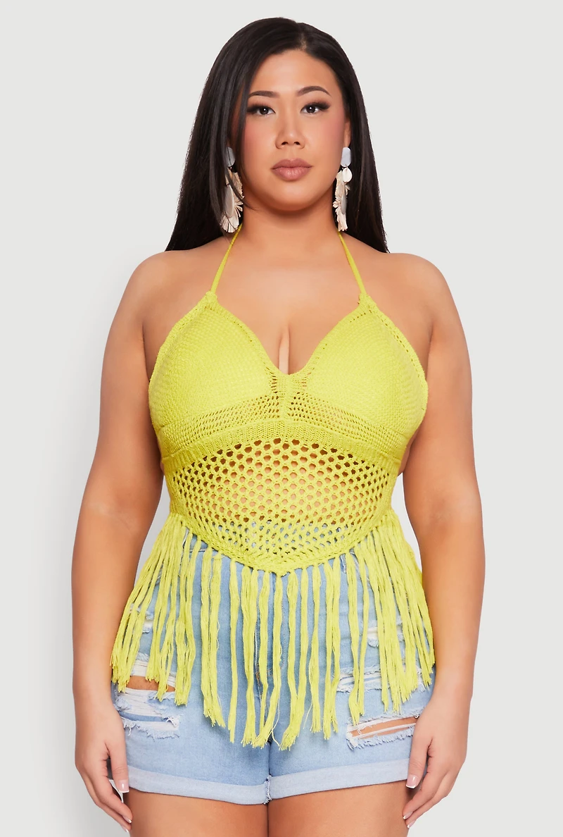 Womens Plus Size Tie Back Crochet Fringe Halter Top, Green, Size 3X
