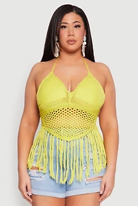 Womens Plus Size Tie Back Crochet Fringe Halter Top, Green, Size 3X