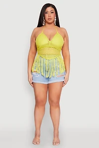 Womens Plus Size Tie Back Crochet Fringe Halter Top, Green, Size 3X