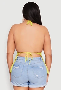 Womens Plus Size Tie Back Crochet Fringe Halter Top, Green, Size 3X