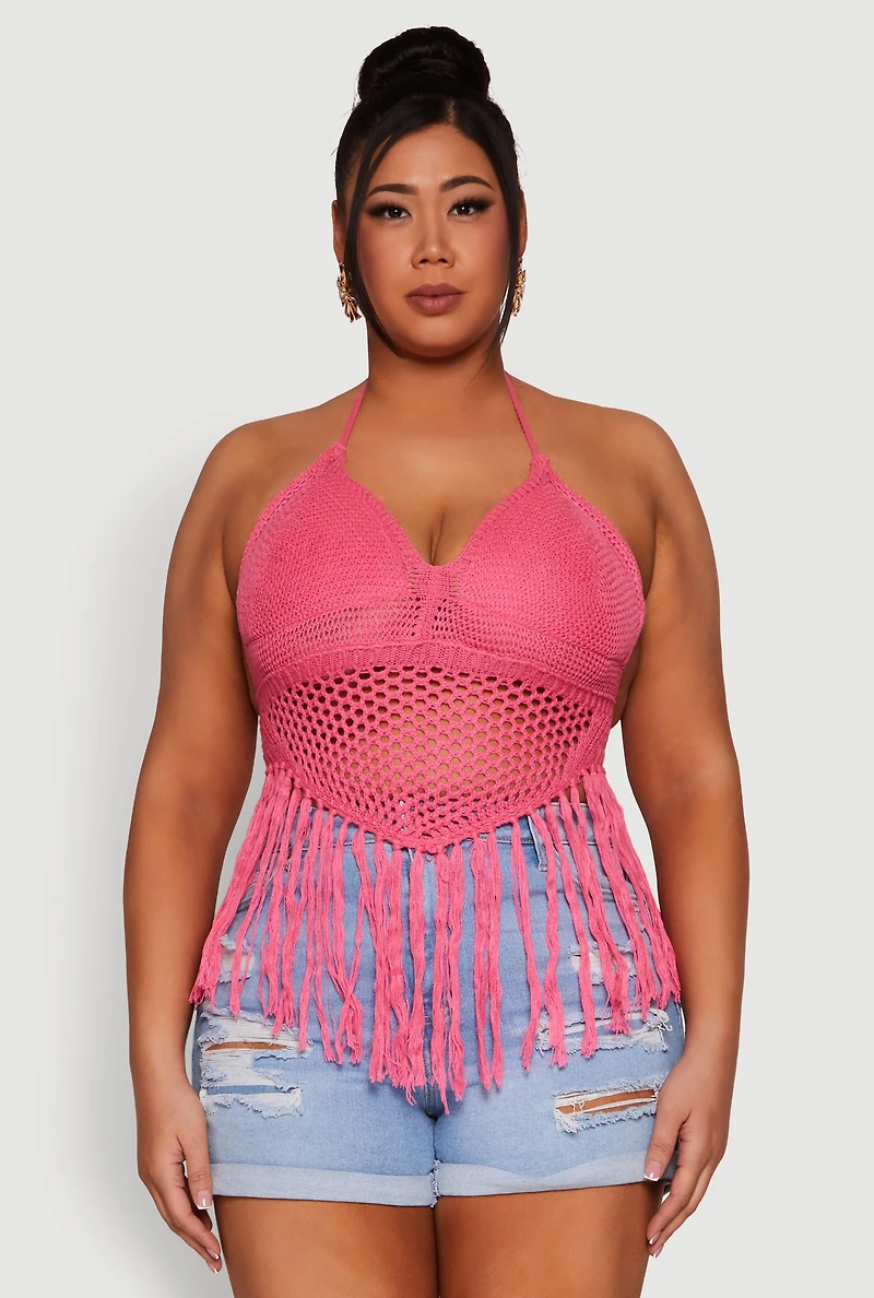 Womens Plus Tie Back Crochet Fringe Halter Top, 2X