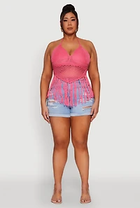 Womens Plus Tie Back Crochet Fringe Halter Top, 2X