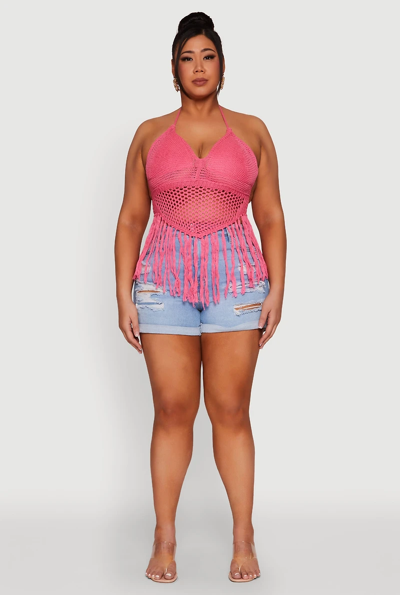 Plus Tie Back Crochet Fringe Halter Top