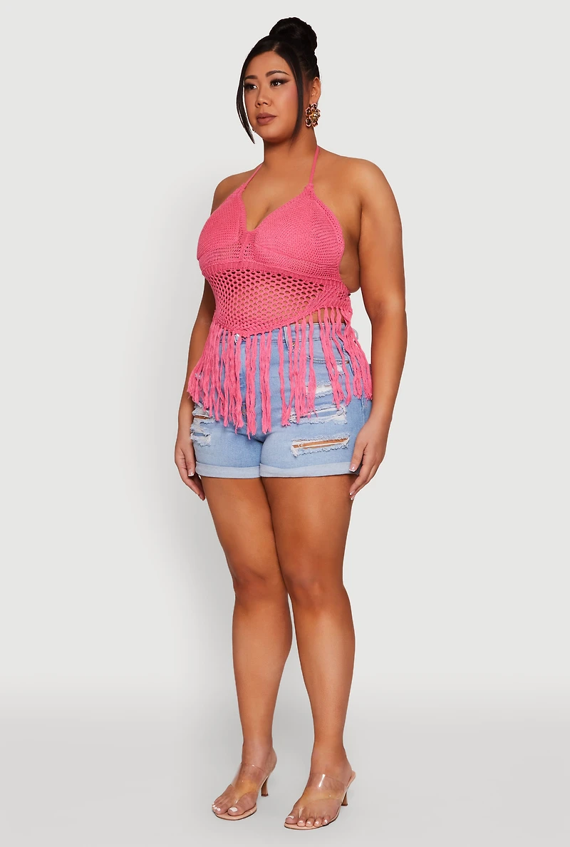 Womens Plus Size Tie Back Crochet Fringe Halter Top, Pink, Size 1X