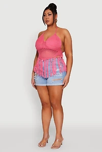 Womens Plus Size Tie Back Crochet Fringe Halter Top, Pink, Size 1X