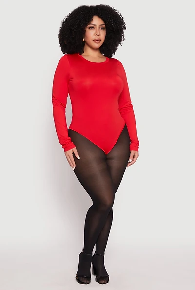 Womens Plus Size Daisy Long Sleeve Bodysuit, Red, Size 1X