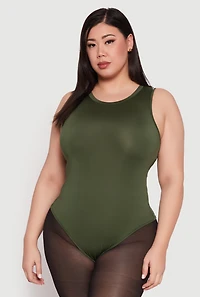 Womens Plus Daisy Crew Neck Tank Bodysuit, Green,