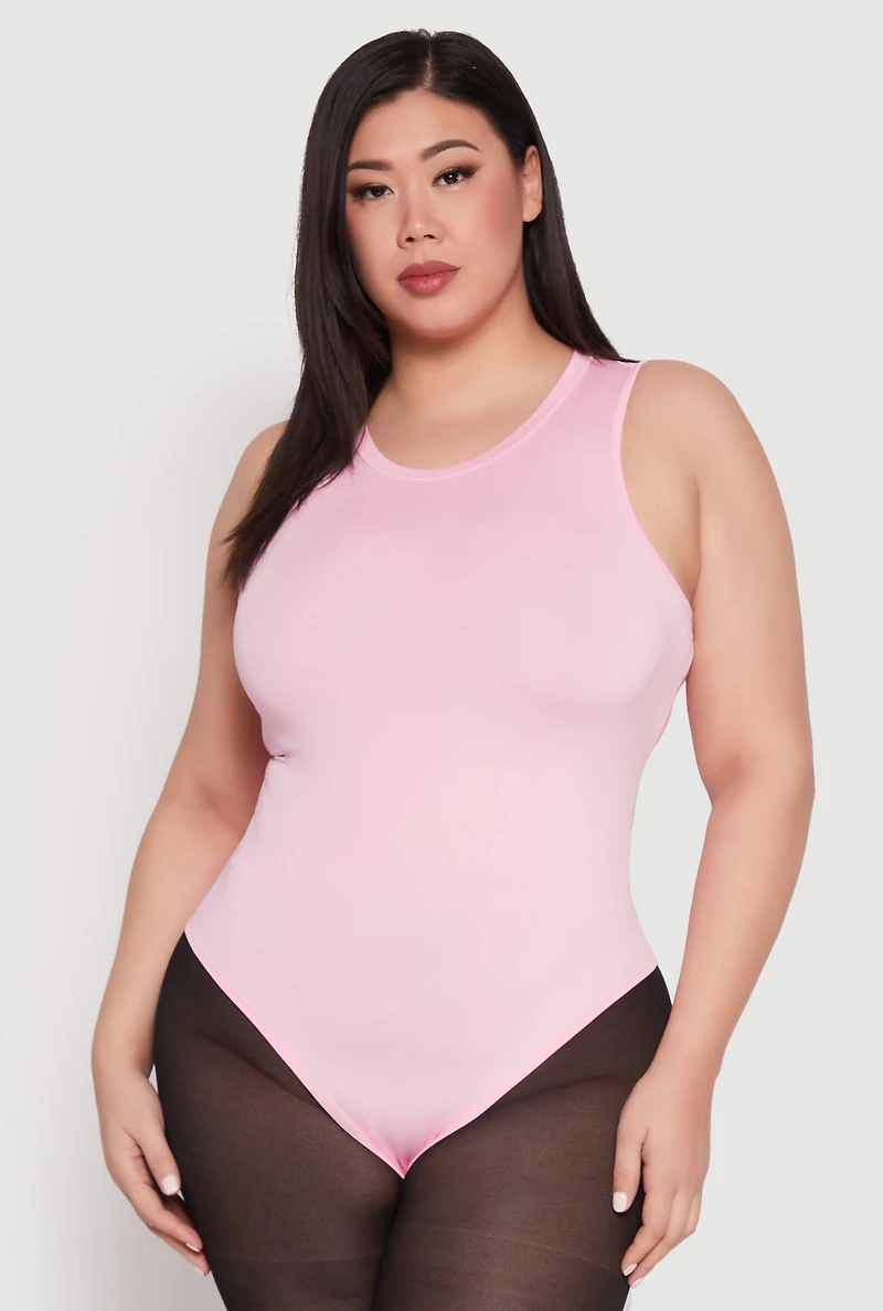 Womens Plus Size Daisy Crew Neck Tank Bodysuit, Pink, Size 3X