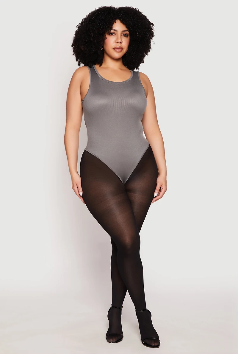 Womens Plus Daisy Ribbed Knit Tank Thong Bodysuit,