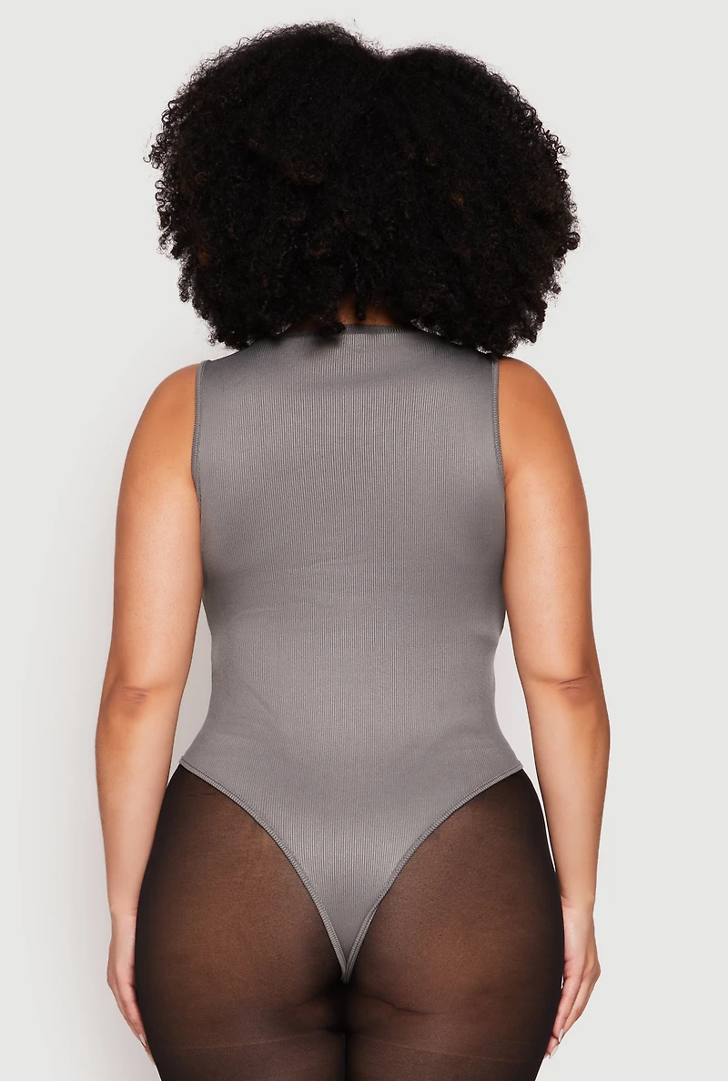 Womens Plus Daisy Ribbed Knit Tank Thong Bodysuit,