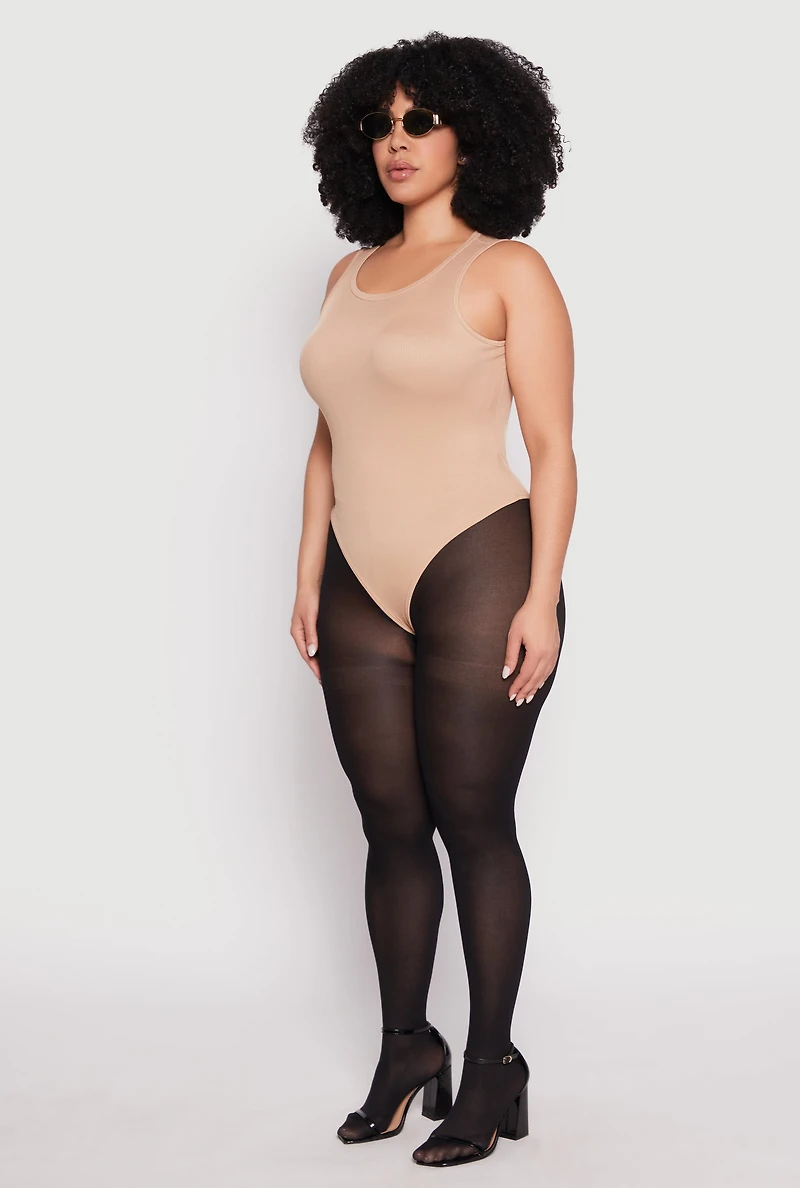 Womens Plus Daisy Ribbed Knit Tank Thong Bodysuit,