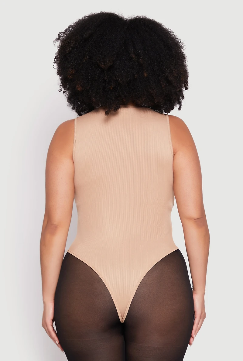 Womens Plus Daisy Ribbed Knit Tank Thong Bodysuit,