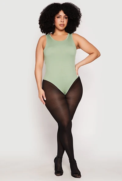 Womens Plus Daisy Ribbed Knit Tank Thong Bodysuit,