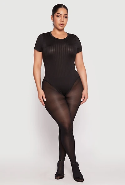 Womens Plus Daisy Crew Neck Rib Knit Bodysuit, Black,
