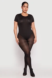 Womens Plus Daisy Crew Neck Rib Knit Bodysuit, Black,