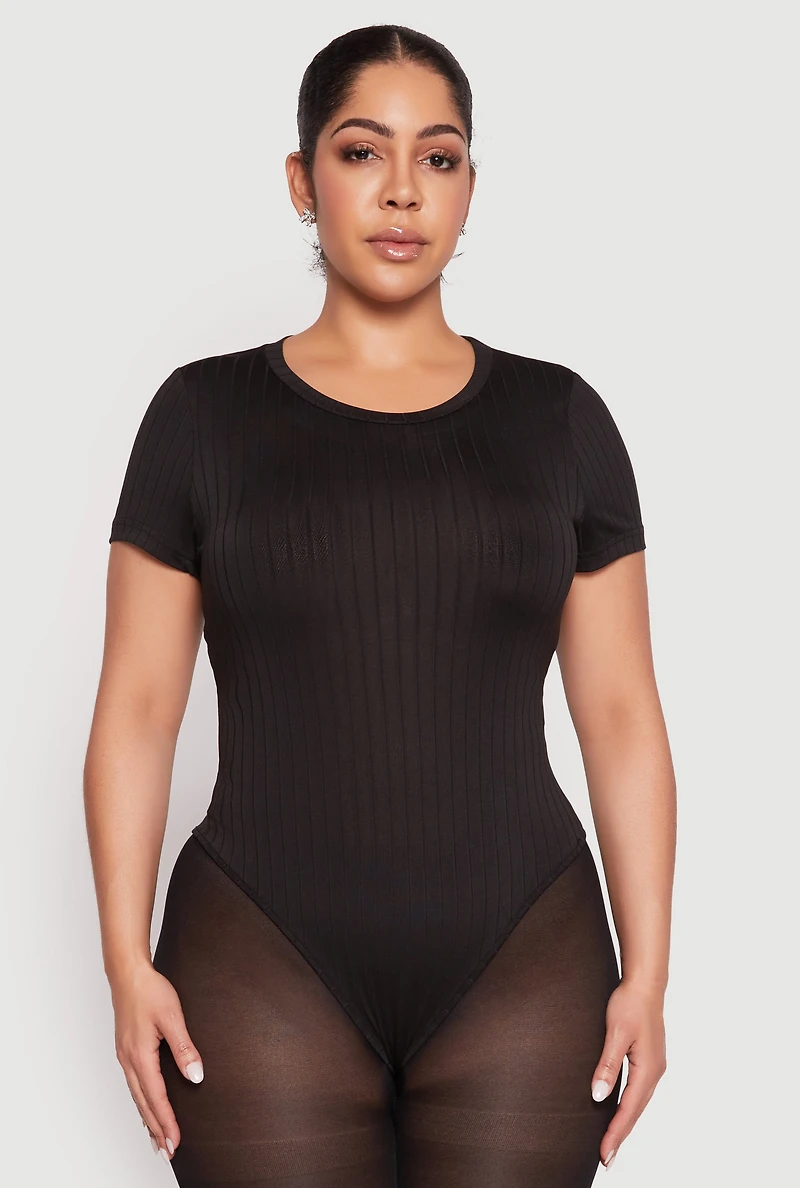 Womens Plus Size Daisy Crew Neck Rib Knit Bodysuit, Black, Size 3X