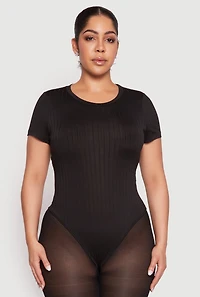 Womens Plus Size Daisy Crew Neck Rib Knit Bodysuit, Black, Size 3X