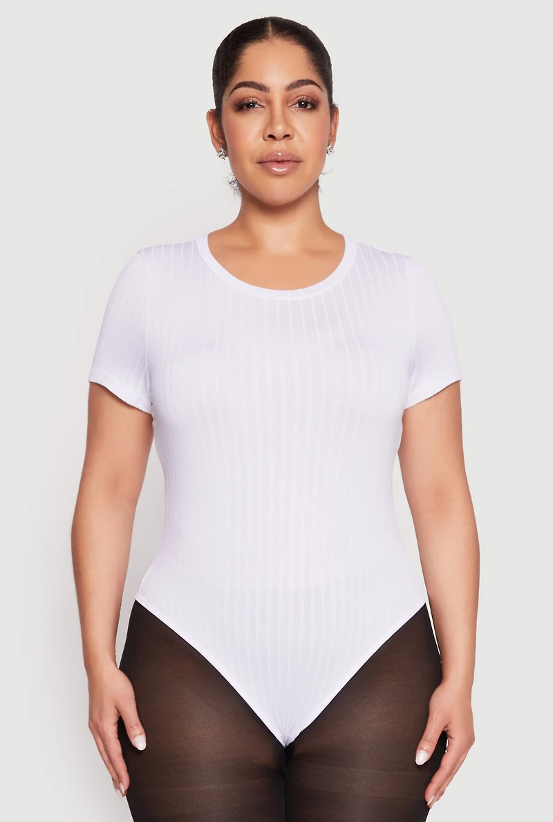 Womens Plus Size Daisy Crew Neck Rib Knit Bodysuit, White, Size 1X