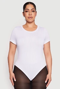 Womens Plus Size Daisy Crew Neck Rib Knit Bodysuit, White, Size 1X