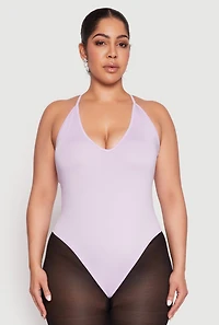 Womens Plus Daisy Plunge Bodysuit, Purple,