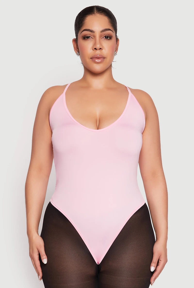 Womens Plus Size Daisy Plunge Bodysuit, Pink, Size 2X