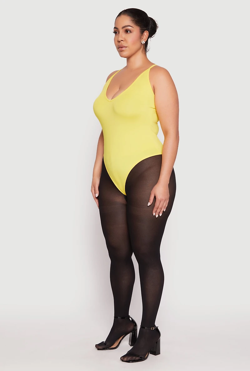 Womens Plus Size Daisy Plunge Bodysuit, Yellow, Size 2X