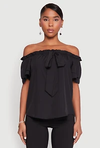 Womens Tiered Sleeve Tie Front Off the Shoulder Top,