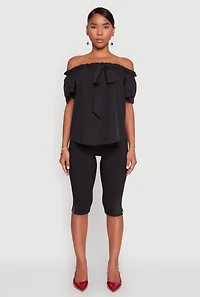 Womens Tiered Sleeve Tie Front Off the Shoulder Top,