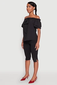 Womens Tiered Sleeve Tie Front Off the Shoulder Top,