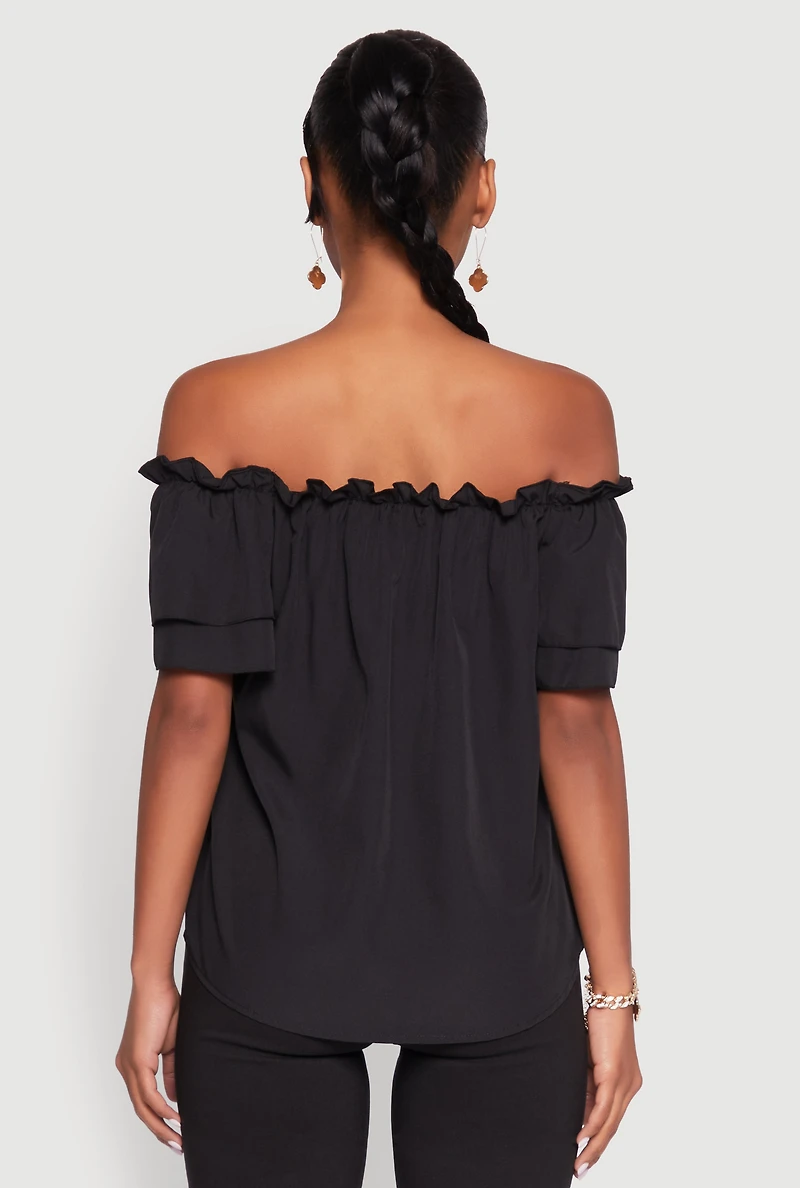 Womens Tiered Sleeve Tie Front Off the Shoulder Top,