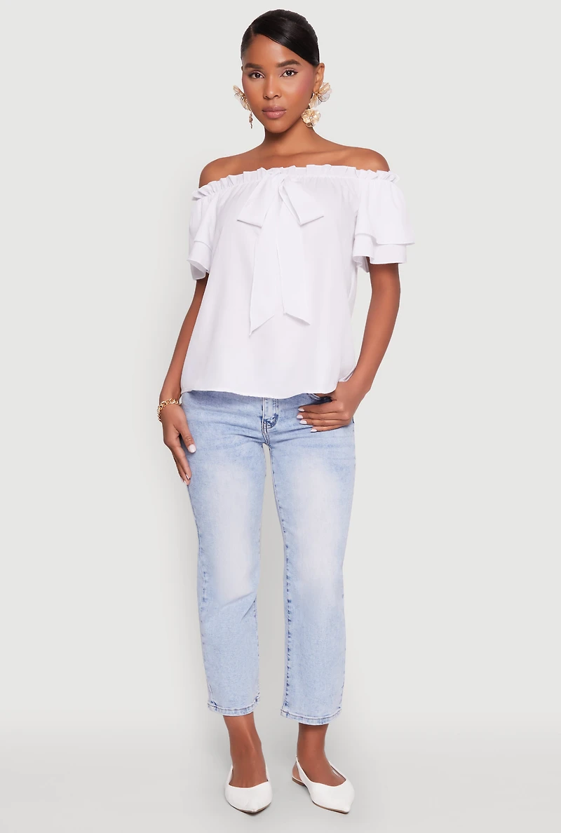 Womens Tiered Sleeve Tie Front Off the Shoulder Top,