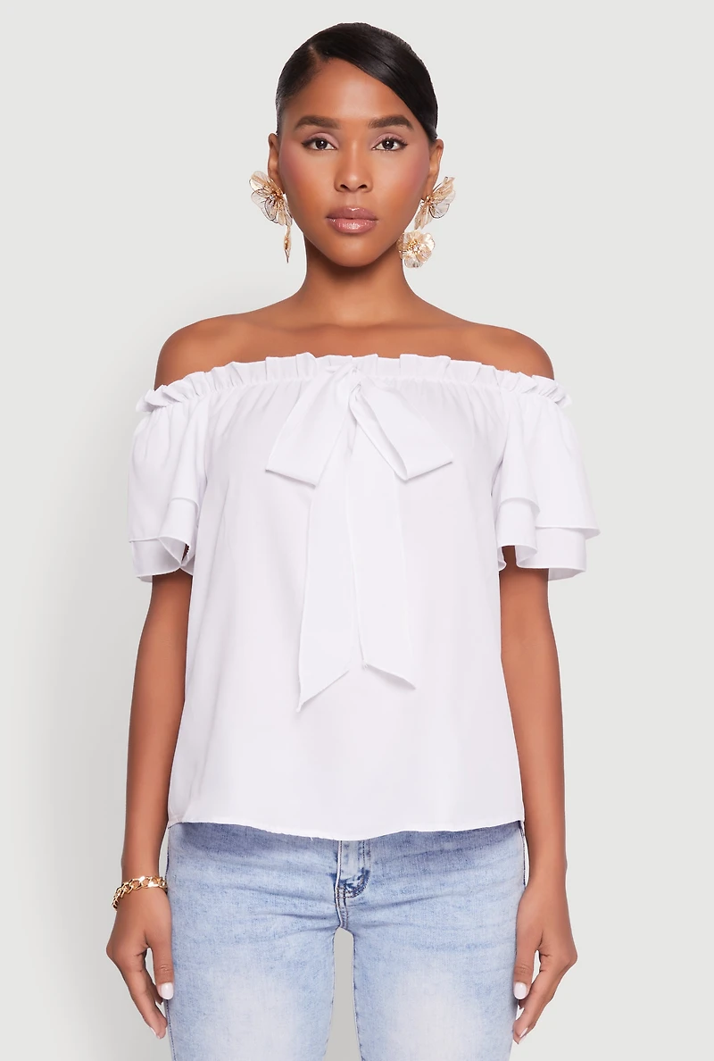 Womens Tiered Sleeve Tie Front Off the Shoulder Top,
