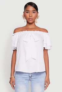 Womens Tiered Sleeve Tie Front Off the Shoulder Top,