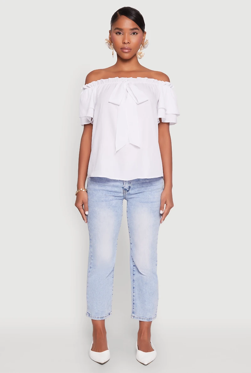 Womens Tiered Sleeve Tie Front Off the Shoulder Top,