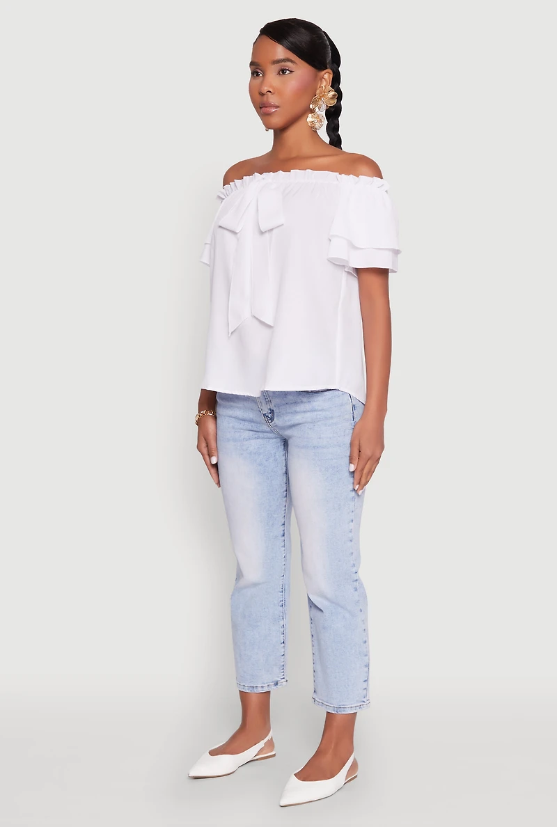 Womens Tiered Sleeve Tie Front Off the Shoulder Top,