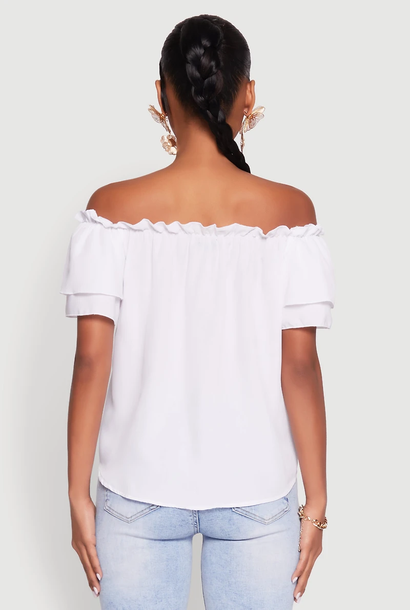 Womens Tiered Sleeve Tie Front Off the Shoulder Top,