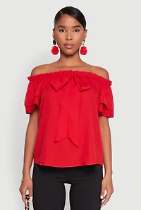 Womens Tiered Sleeve Tie Front Off the Shoulder Top, Red, Size M