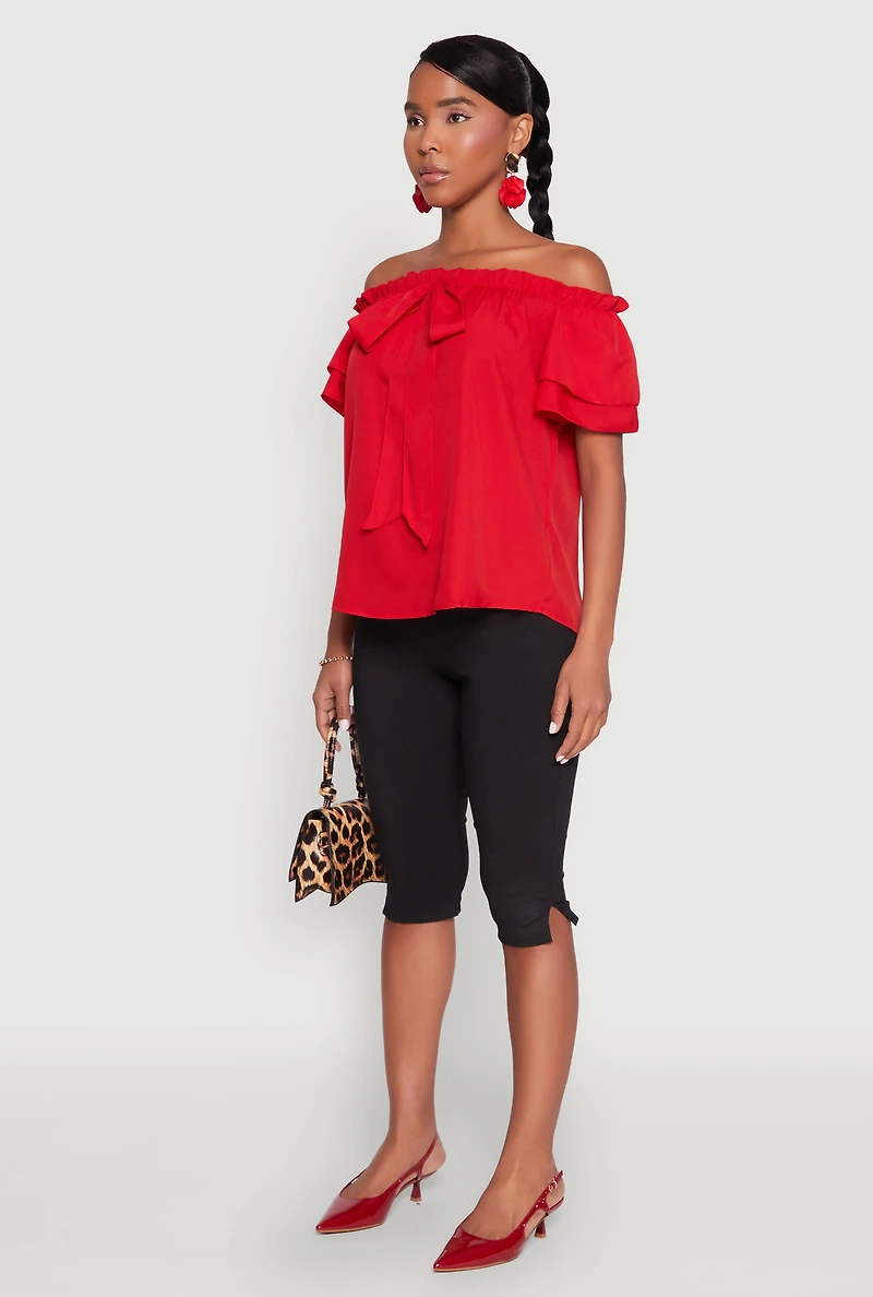 Womens Tiered Sleeve Tie Front Off the Shoulder Top, Red, Size M