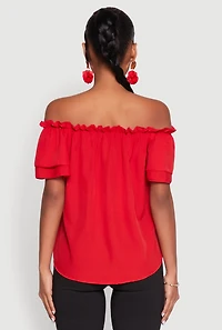 Womens Tiered Sleeve Tie Front Off the Shoulder Top, Red, Size M