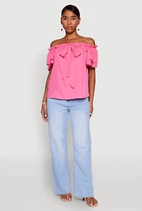 Womens Tiered Sleeve Tie Front Off the Shoulder Top, S