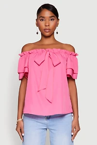 Womens Tiered Sleeve Tie Front Off the Shoulder Top, S