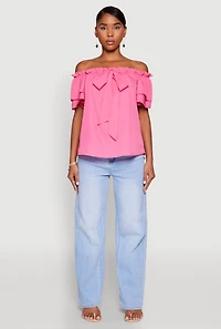 Womens Tiered Sleeve Tie Front Off the Shoulder Top, S