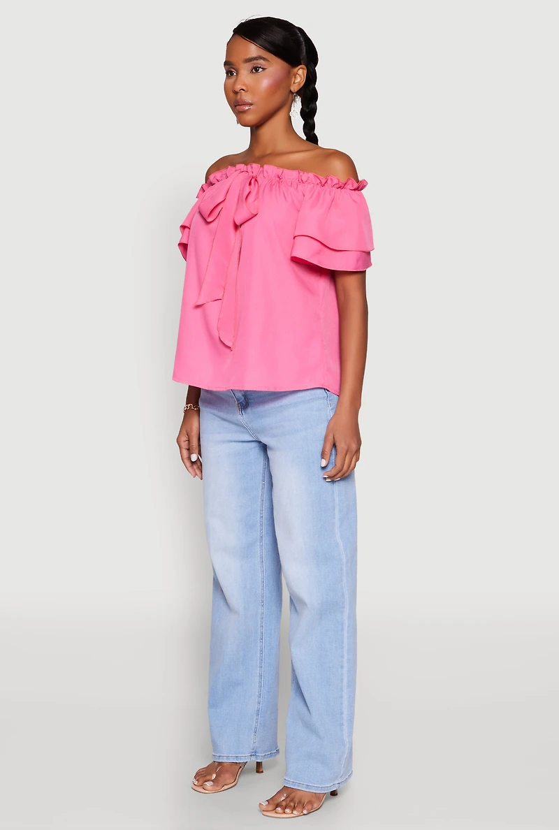 Womens Tiered Sleeve Tie Front Off the Shoulder Top, S