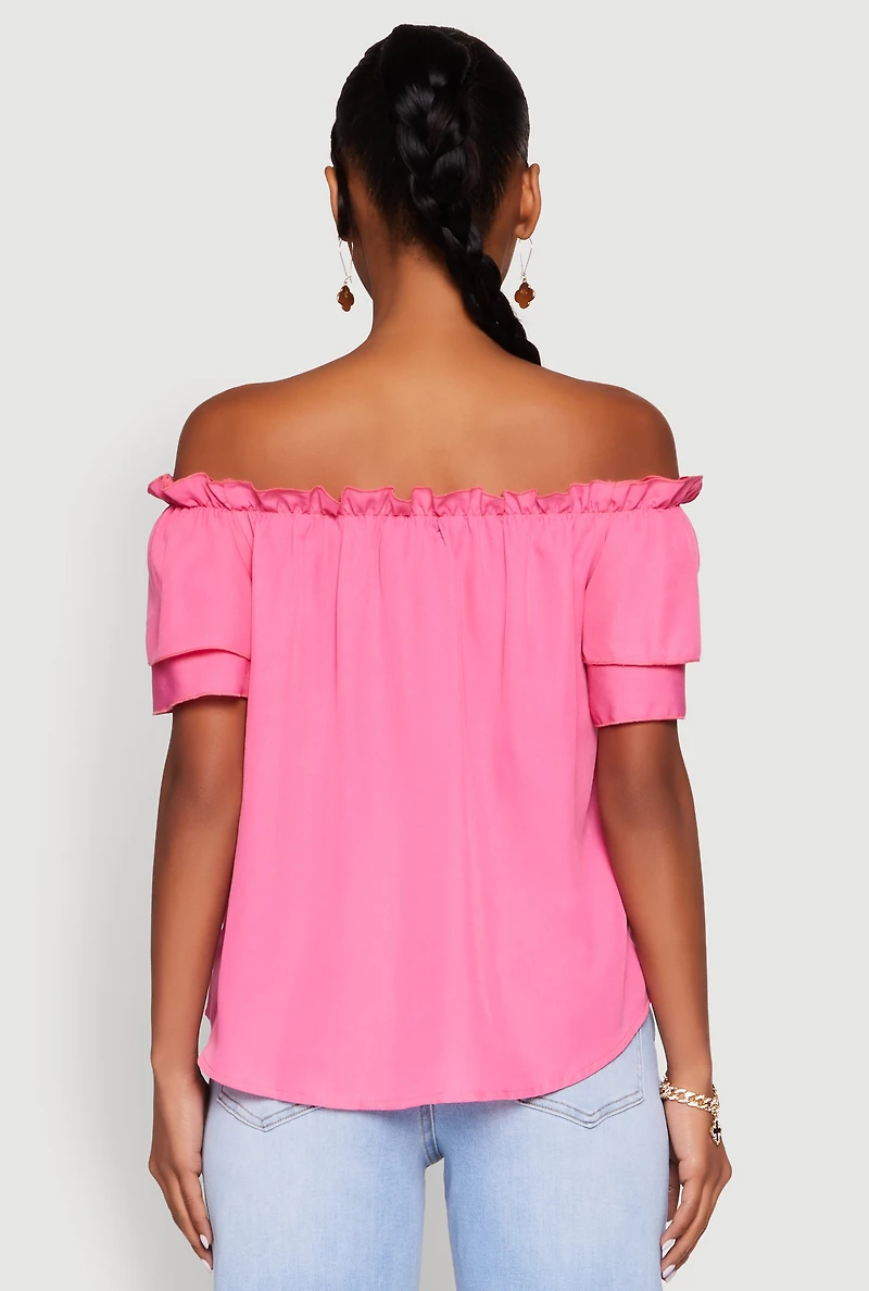 Womens Tiered Sleeve Tie Front Off the Shoulder Top, S