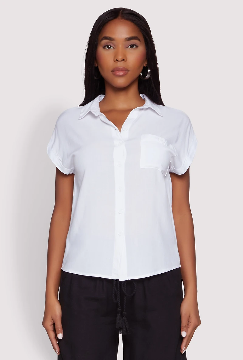 Womens Fixed Cuff Short Sleeve Shirt, White, Size M
