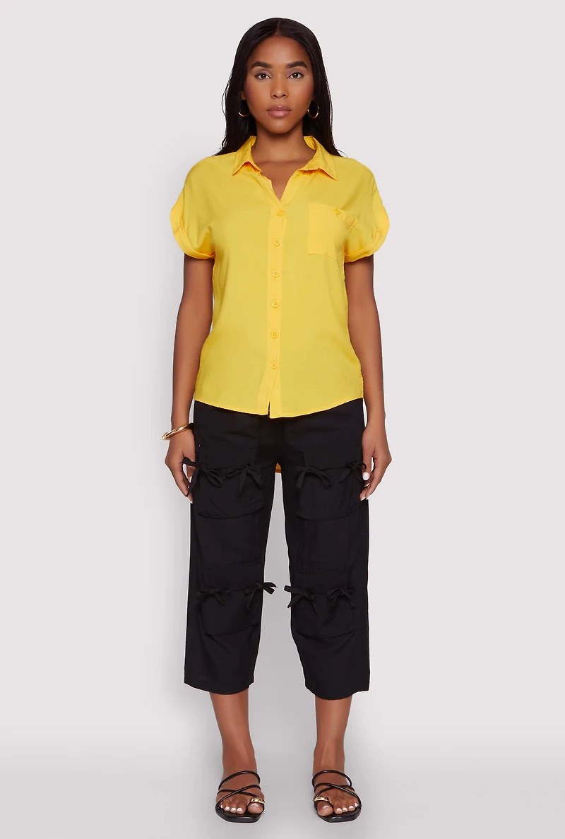 Womens Fixed Cuff Short Sleeve Shirt, Yellow, Size M